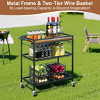 3 Tier Heavy Duty Rolling Kitchen Cart with Handle & Locking Wheels – Metal Utility Storage Cart for Kitchen, Laundry Room, Garage & Office – Supports Over 150 lbs Mobile Organizer Shelf