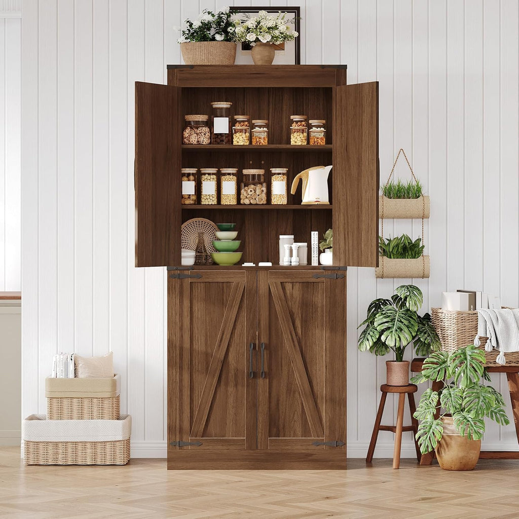 GarveeHome 71 in Tall Farmhouse Kitchen Pantry Storage Cabinet with 4 Barn Doors and Adjustable Shelves, Freestanding Rustic Wood Cupboard Storage Cabinets for Kitchen, Dining Room, Bathroom, Brown