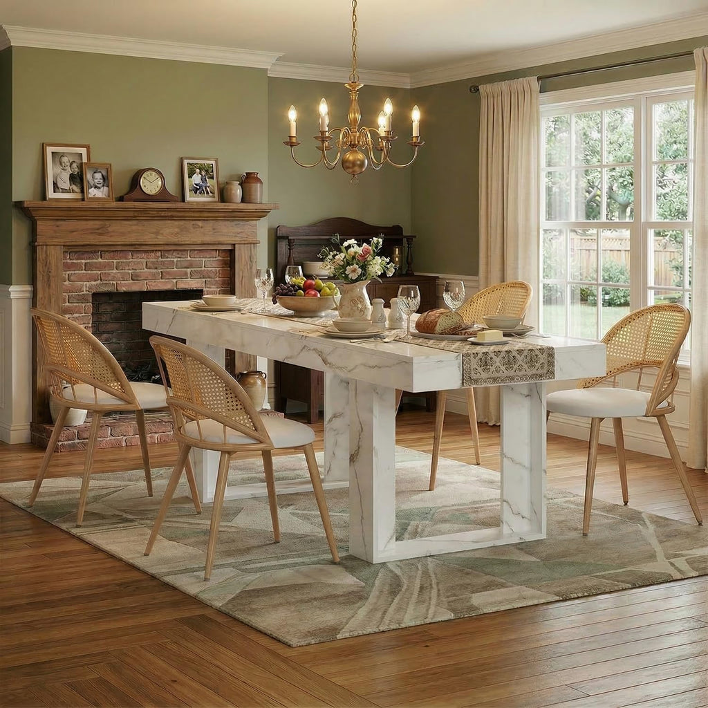 TYBOATLE 71''-87'' Extendable Dining Table Set for 4, Farmhouse Wooden Dining Room Table Set, 5 Piece Dinner Table Set with Upholstered Rattan Dining Chairs (White & White, 71''-87''- 4 Chairs)