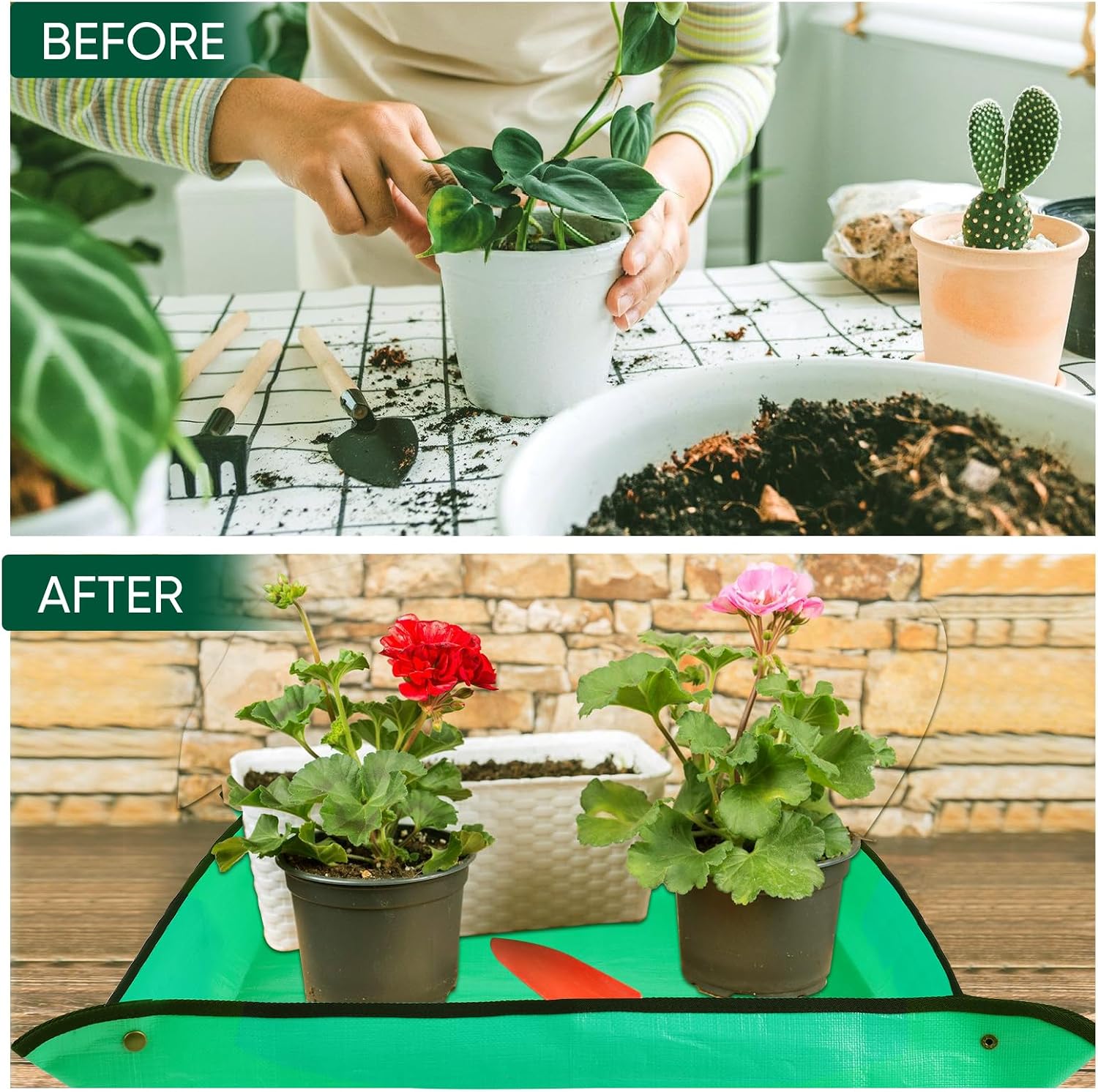 HKZ Repotting Mat for Indoor Plant - 26'' x 26'' Planting Mat Soil Mess Control, Portable Succulent Planting Potting Tray Waterproof Gardening Transplanting Bonsai Tools(Pale Green)