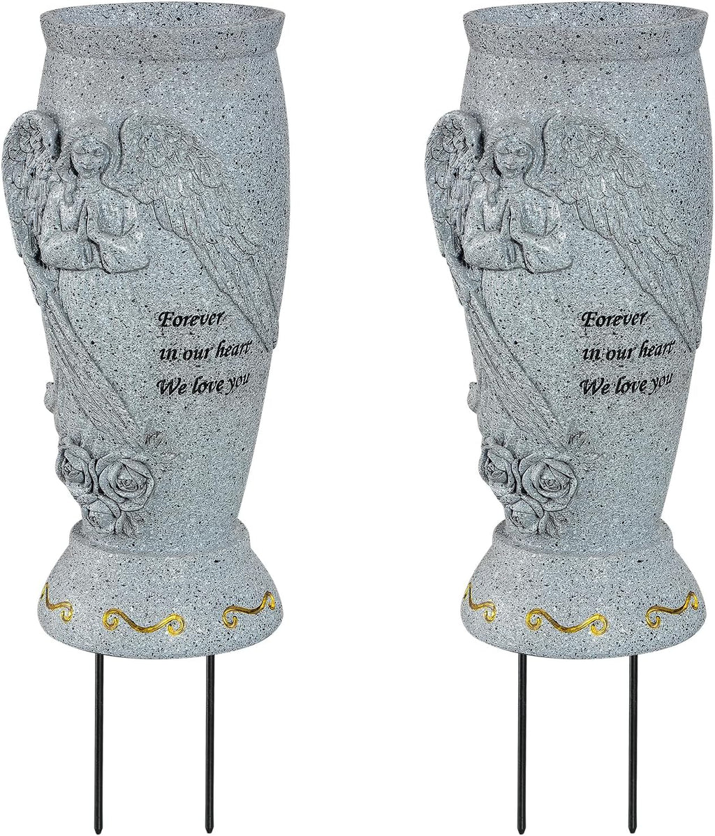 Cemetery Vase, Memorial Grave Vase with Ground Spikes, Angel Vases for Artificial Flowers, Grave Flowers Holder for Cemetery Headstone (2Pcs)
