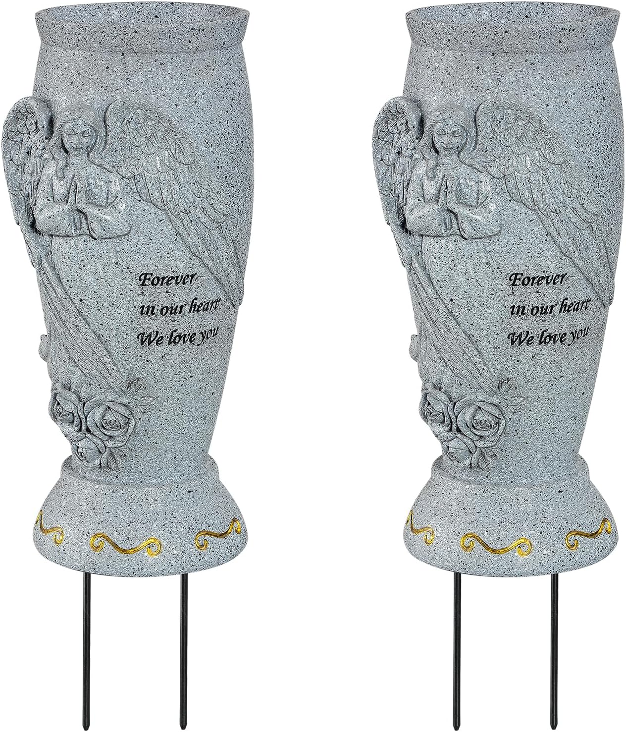 Cemetery Vase, Memorial Grave Vase with Ground Spikes, Angel Vases for Artificial Flowers, Grave Flowers Holder for Cemetery Headstone (2Pcs)
