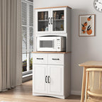 Wooden Kitchen Cabinet White Pantry Room Storage Microwave Cabinet with Framed Glass Doors and Drawer