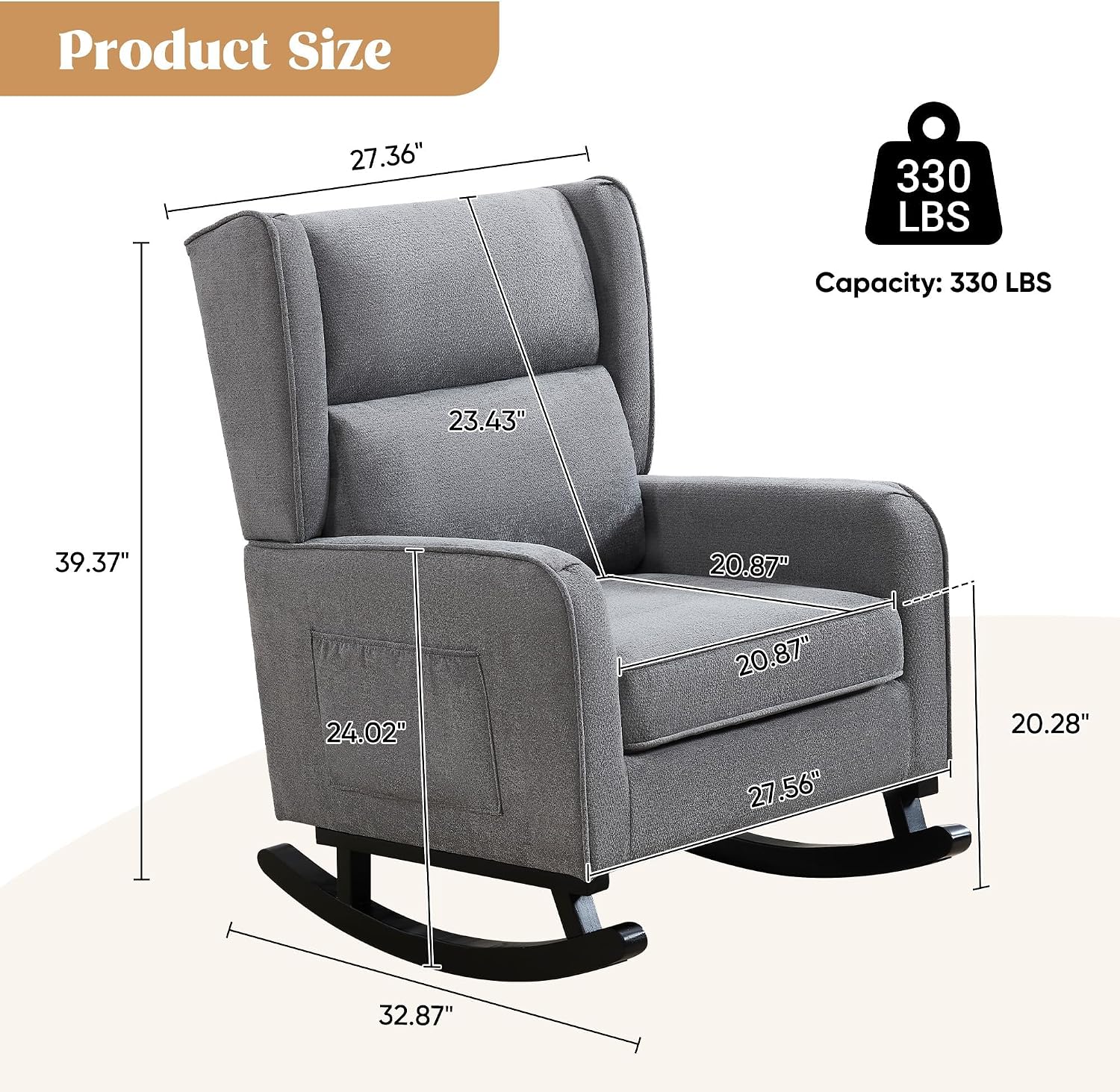 HCHAIRH Nursery Rocking Chairs, Modern Wingback Accent Chairs for Mom Nursery Rocker with High Backrest and Solid Wood Legs, Sherpa Rocking Chair Nursery for Reading Living Room Bedroom, Dark Grey