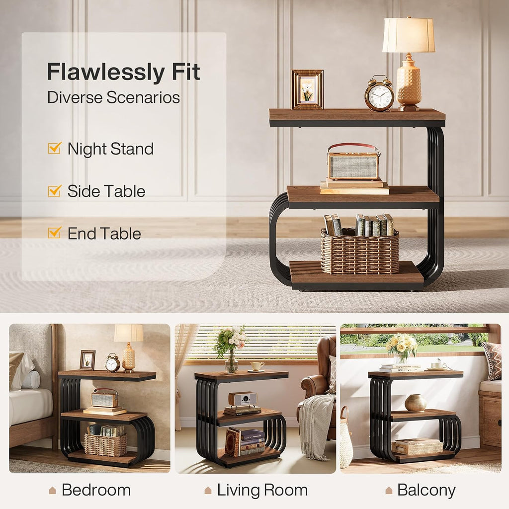 Tribesigns 3-Tier Nightstand, Narrow Bedside Stand, Industrial Vintage End Table for Bedroom, Living Room, or Small Spaces, Accent Side Table with Metal Frame (2, Brown)