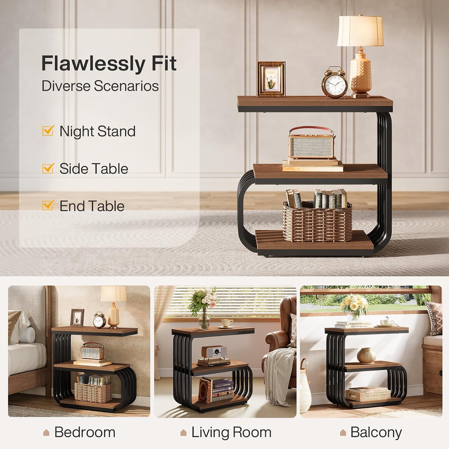 Tribesigns 3-Tier Nightstand, Narrow Bedside Stand, Industrial Vintage End Table for Bedroom, Living Room, or Small Spaces, Accent Side Table with Metal Frame (2, Brown)