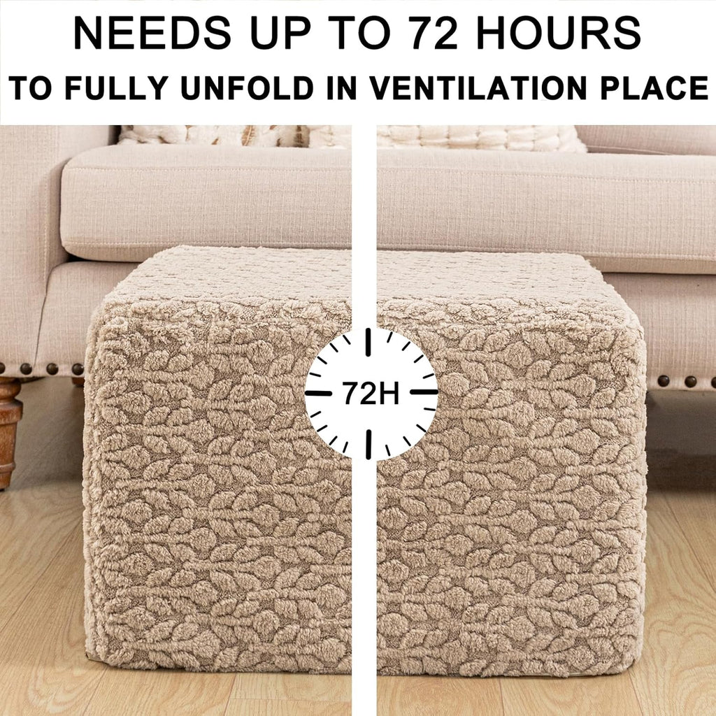 Square Stuffed Pouf Ottoman Poufs with One-Piece Seamless Foam Filling, Furry and Fluffy Pouf Foot Stool, 20 X 14 Floor Poufs Ottoman Foot Rest for Living Room (Light Coffee)