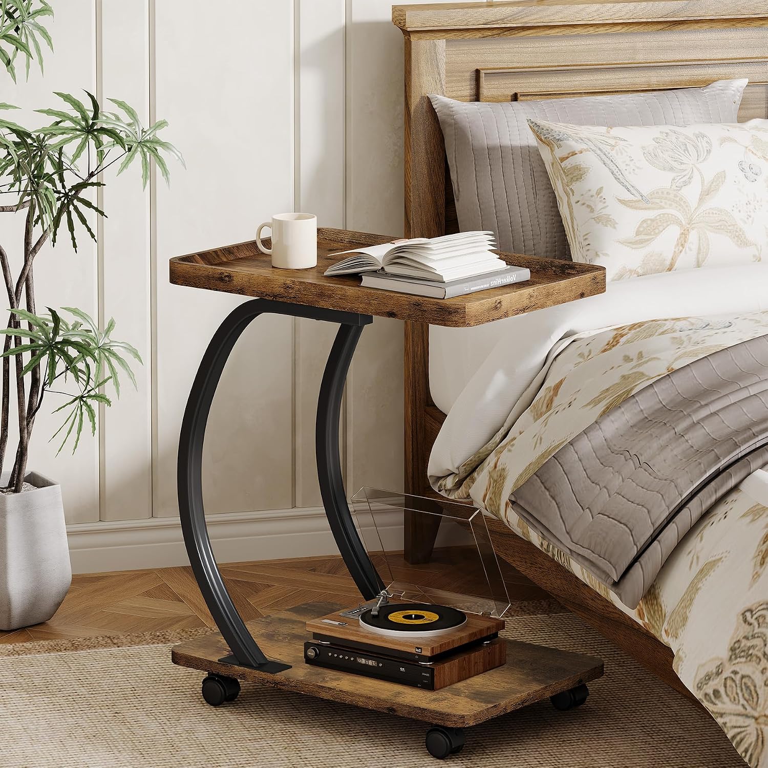 Tribesigns C-Shaped End Table, Industrial 2-Tier Small Side Table with Wheels, Wood Bedside Snack Couch Table with Metal Frame, for Living Room Small Spaces, Rustic Brown