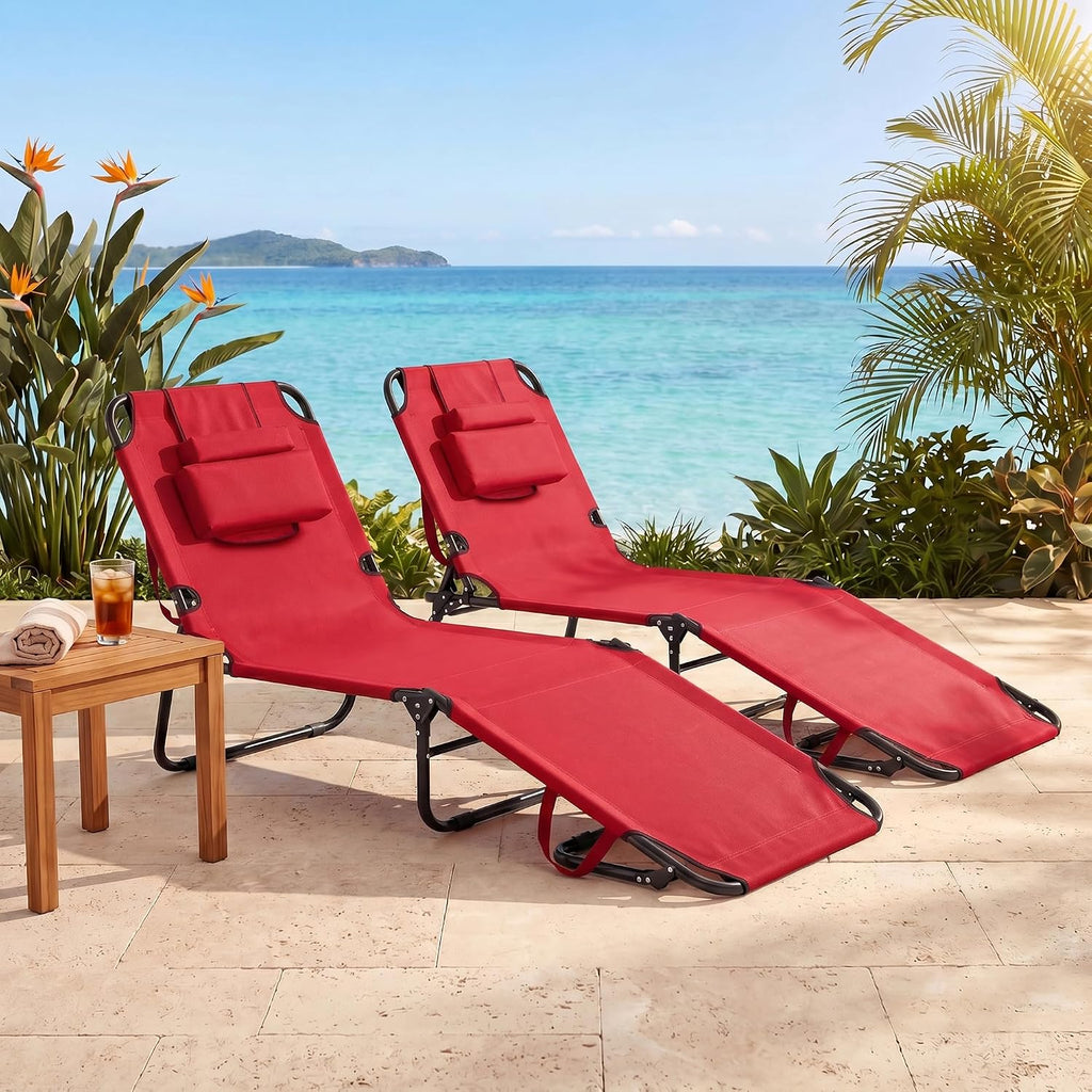 Goplus Tanning Chair, Folding Beach Lounge Chair with Face Hole, Removable Pillow, Carry Strap, Position Adjustable, Sunbathing Chair, Portable Outside Lounge Chair for Patio Pool (1, Red)