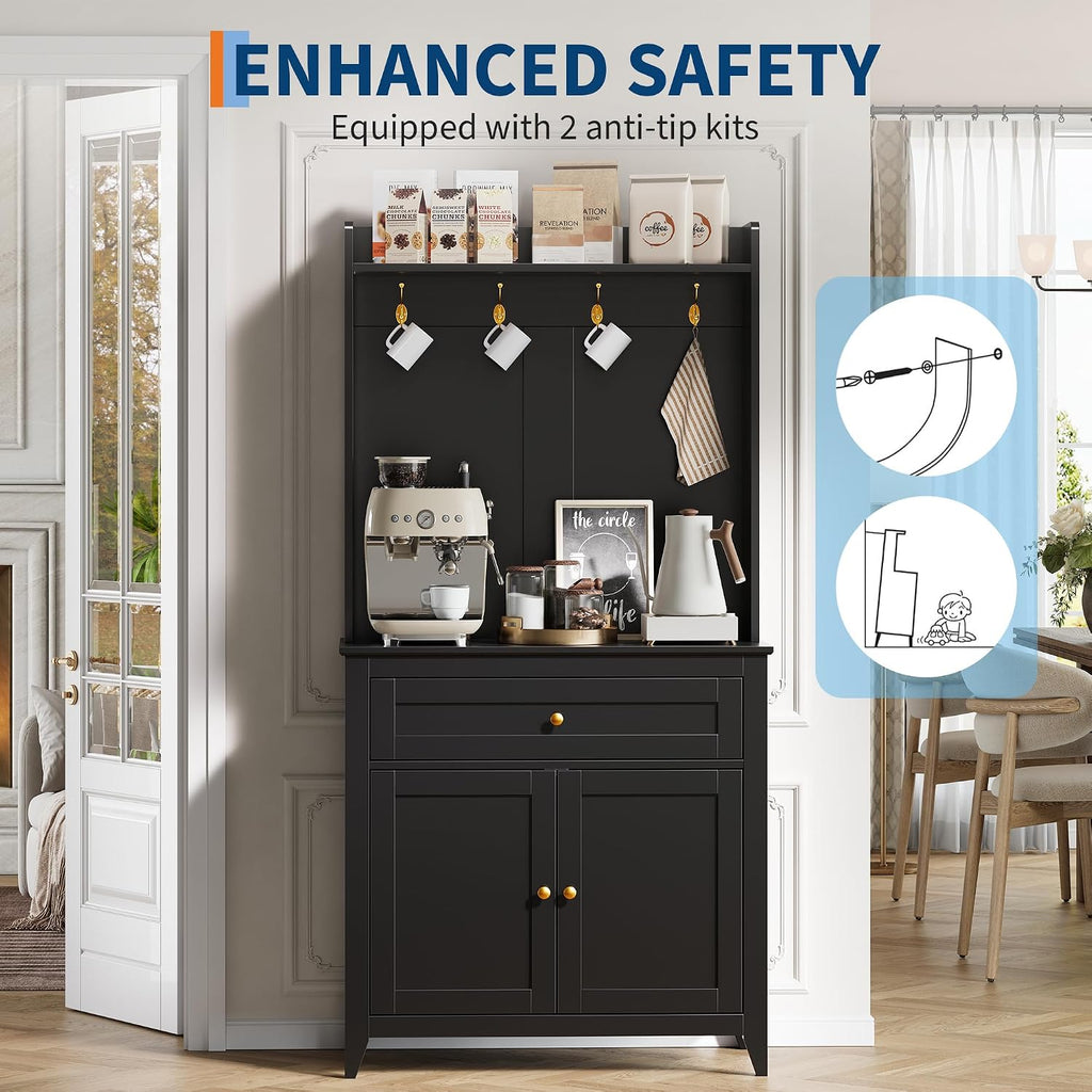 Garvee Pantry Cabinet with 4 Hooks, Kitchen Pantry Cabinet, Coffee Bar Table with Drawer & Adjustable Shelves, Black