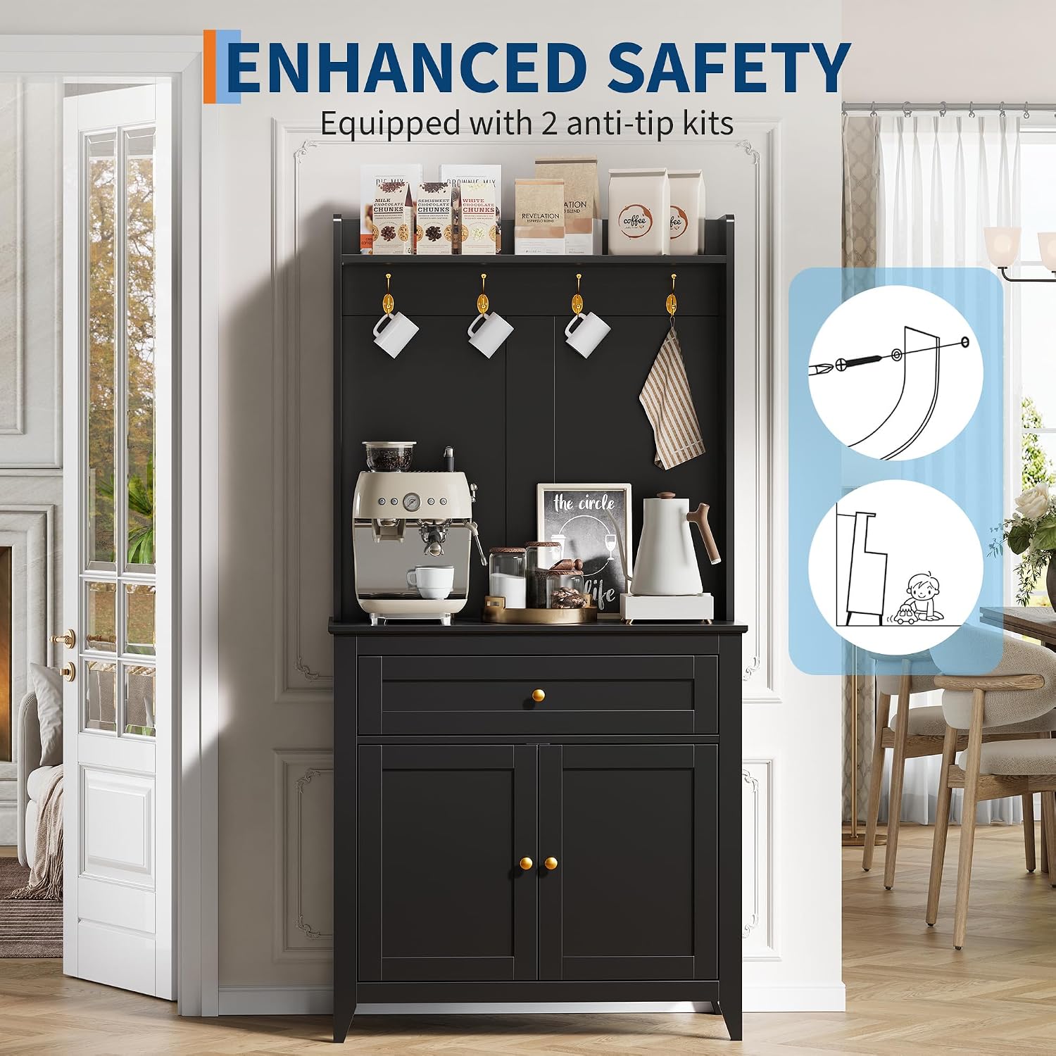 Garvee Pantry Cabinet with 4 Hooks, Kitchen Pantry Cabinet, Coffee Bar Table with Drawer & Adjustable Shelves, Black
