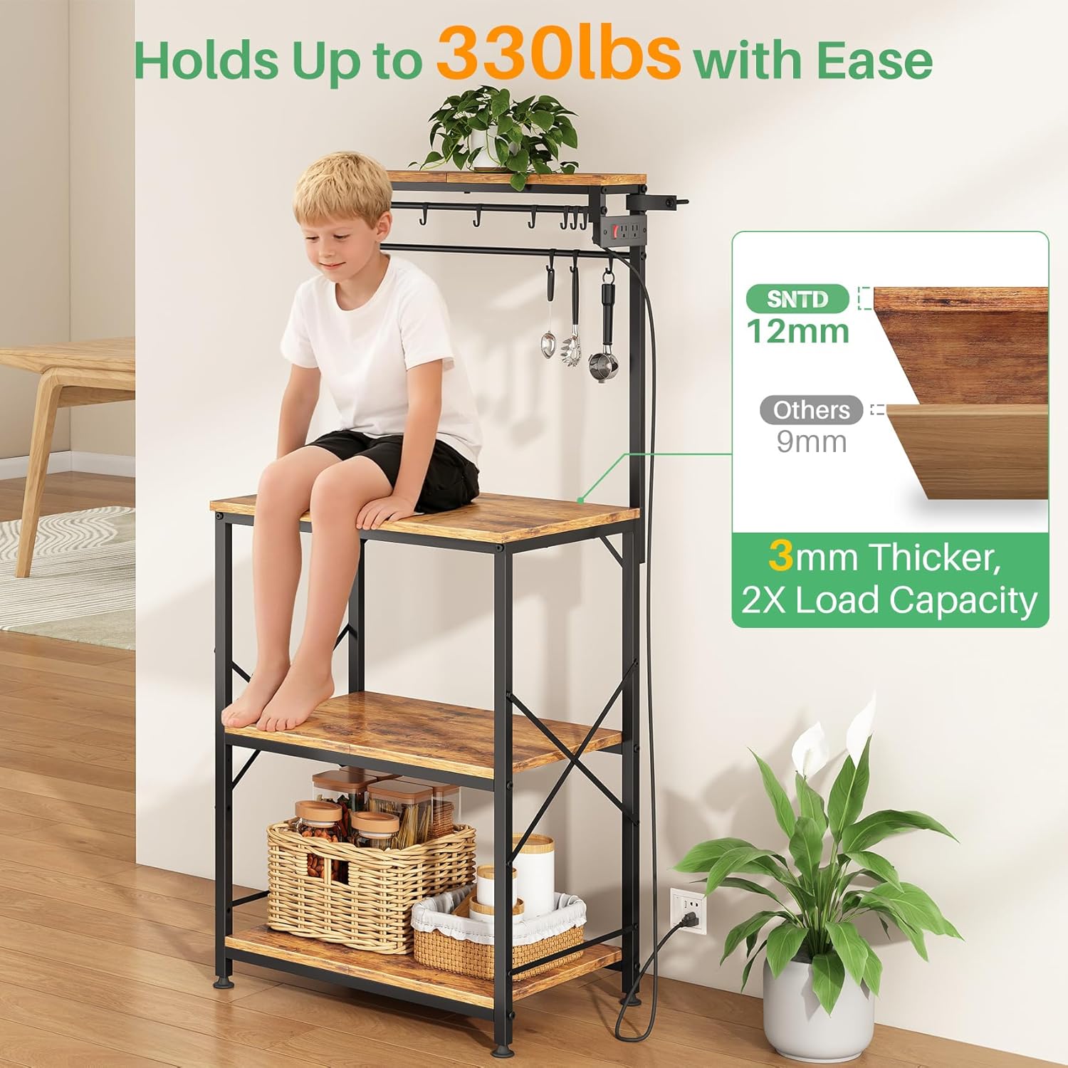 SNTD Bakers Rack with Power Outlet, Kitchen Shelves Microwave Stand with Wire Grid and 10 Hooks, 4 Tiers Coffee Stand (Rustic Brown, 21.7 x 14.2 x 49.6 Inches)