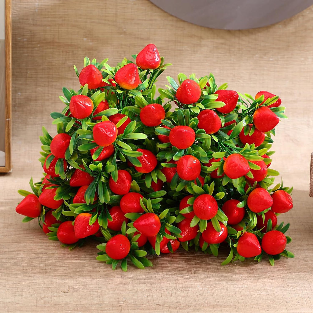 Veemoon 6 Pcs Artificial Strawberry Stems, 10.61 Inch Fake Red Berry Branches Plastic Fruit Picks, Faux Plants Floral Arrangement Centerpieces for Home Kitchen Vase Wreaths Summer Party Decor