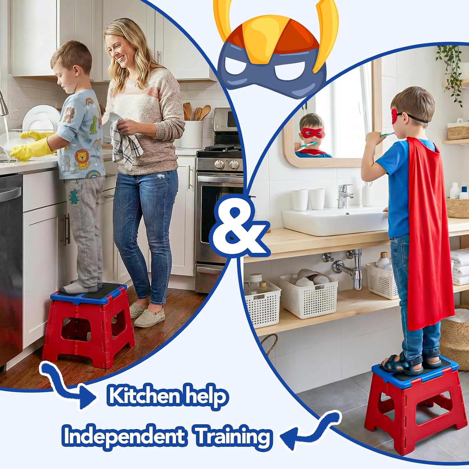 Delxo 9 Inch Kids Step Stool,400Lbs Folding Step Stool for Toddler Red+Blue | Toddler Foot Stool,Includes 3 Letter Stickers & 2 Non-Slip Grip Pads, Sturdy Compact Collapsible Stool for Kitchen, Bathroom