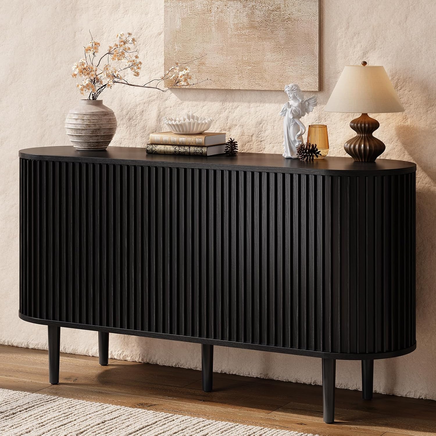 ONBRILL 55" Buffet Sideboard Cabinet with Sliding Doors, Mid-Century Modern Sideboard Buffet Cabinet with Storage & Adjustable Shelves, Accent Coffee Bar Console Table for Kitchen, Entryway, Black