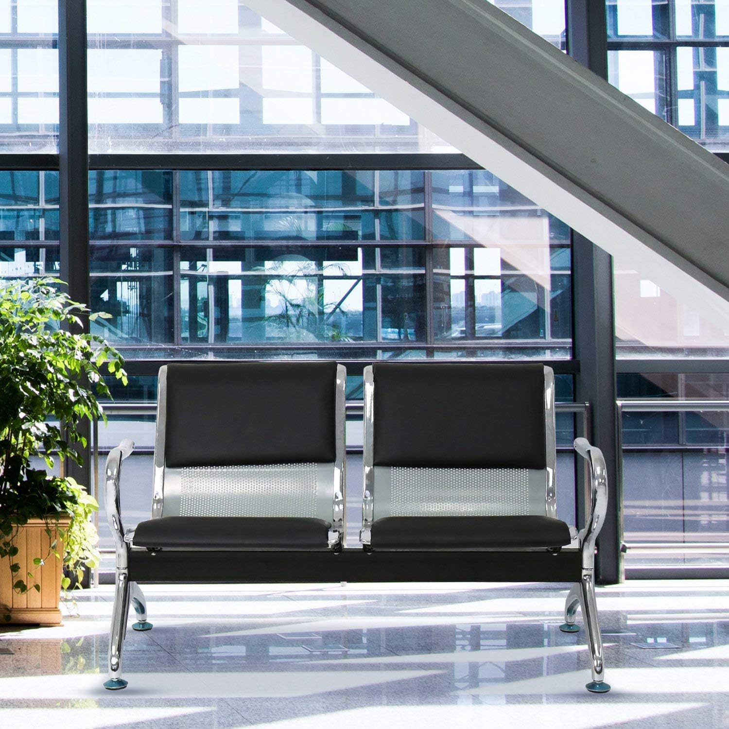 Peach Tree Reception Chairs Waiting Room Chair with Black Leather, Lobby Chairs for Reception Room, Office, Airport Reception Bench (5 Seat, Black)
