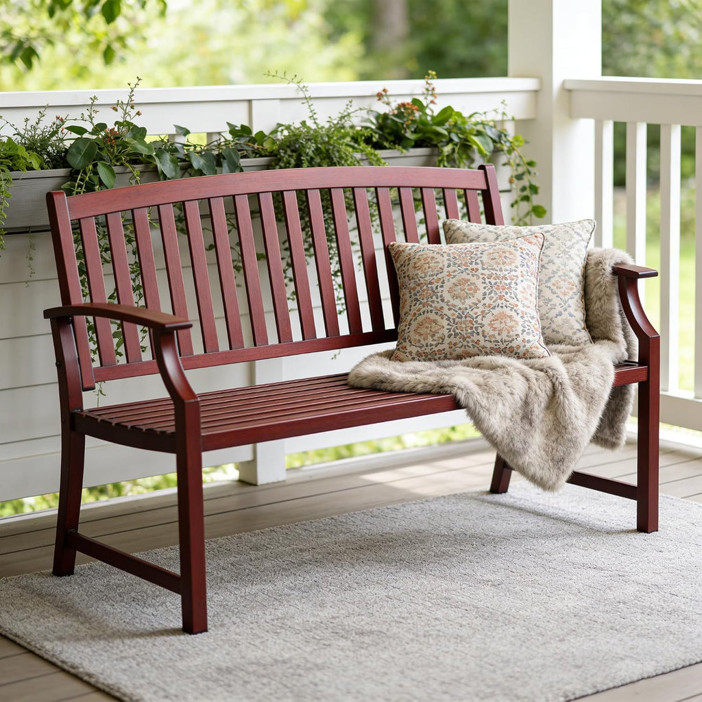 Grand patio 52" Farmhouse Outdoor Bench, Garden Benches with Anti-Rust Aluminum Powder Coated Frame, Faux Wood Grain Finish Frame Patio Bench for Front Porch, Red