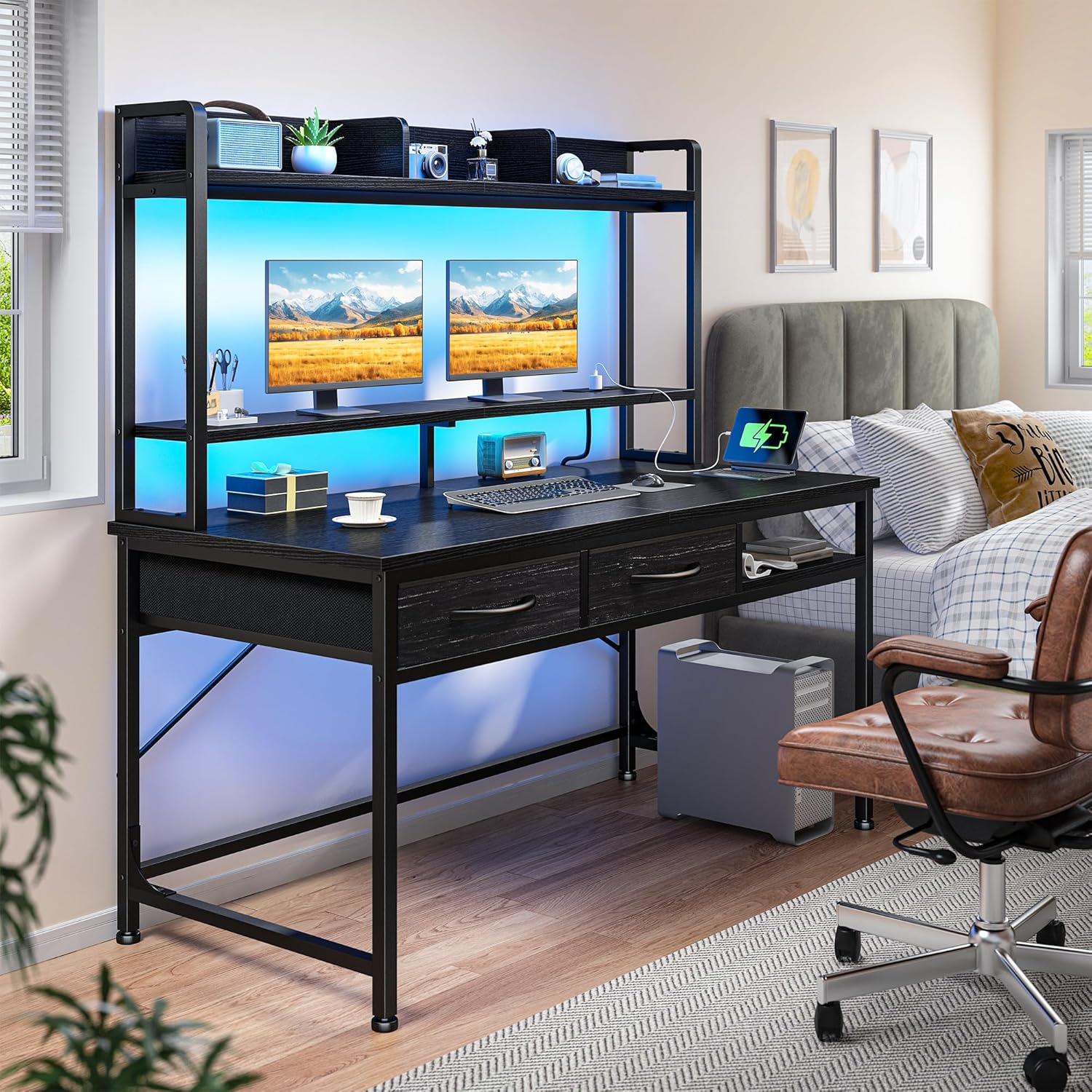 DurayLoly 39.4" Computer Desk with Hutch & Monitor Stand,Gaming Desk with Shelves & Drawers, Writing Desk with LED &Power Outlet,Office Desk,Study Desk for Bedroom Home Office,Small Space,Black