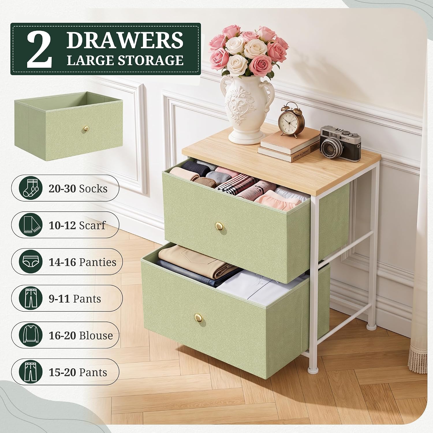 2 Drawer Fabric Nightstand, Bedside Table with Wooden Top, Light Green | Small Dresser for Bedroom with Wooden Top and Steel Frame Bedside Table Storage Organizer for Closets, Entryways and Dorms