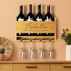 Personalized Wine Rack - Wall Mounted Custom Engraved Holder for 4 Bottles and Glasses - Ideal Gift for Wine Lovers, Weddings, Housewarmings - Customized Names Gifts for Couples