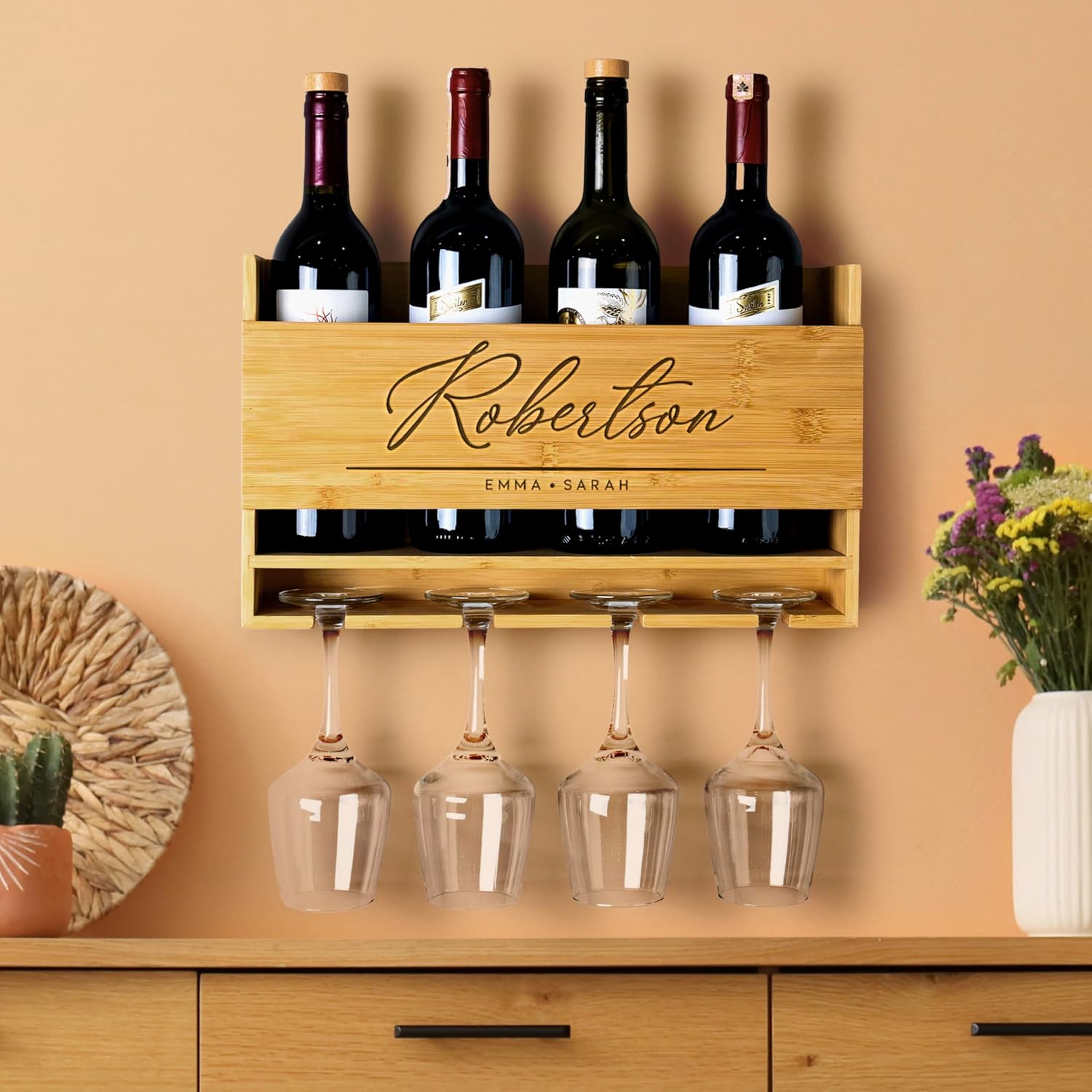 Personalized Wine Rack - Wall Mounted Custom Engraved Holder for 4 Bottles and Glasses - Ideal Gift for Wine Lovers, Weddings, Housewarmings - Customized Names Gifts for Couples