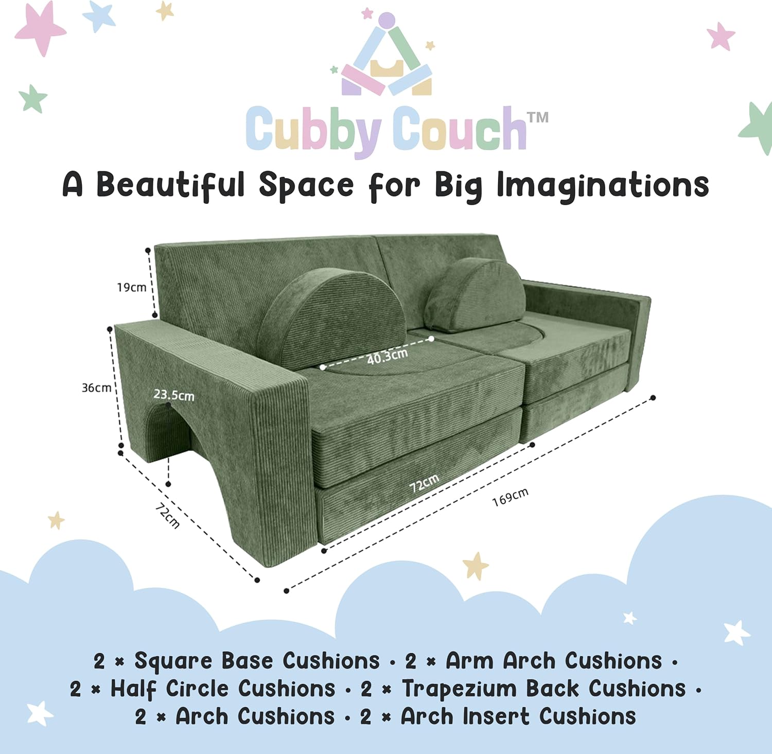 12-Piece Modular Kids Play Couch - Soft & Durable Toddler Couch with CertiPUR US Foam, Washable Covers - Playroom Furniture, Kids Sofa for Lounge, Living Room & Playroom - Green