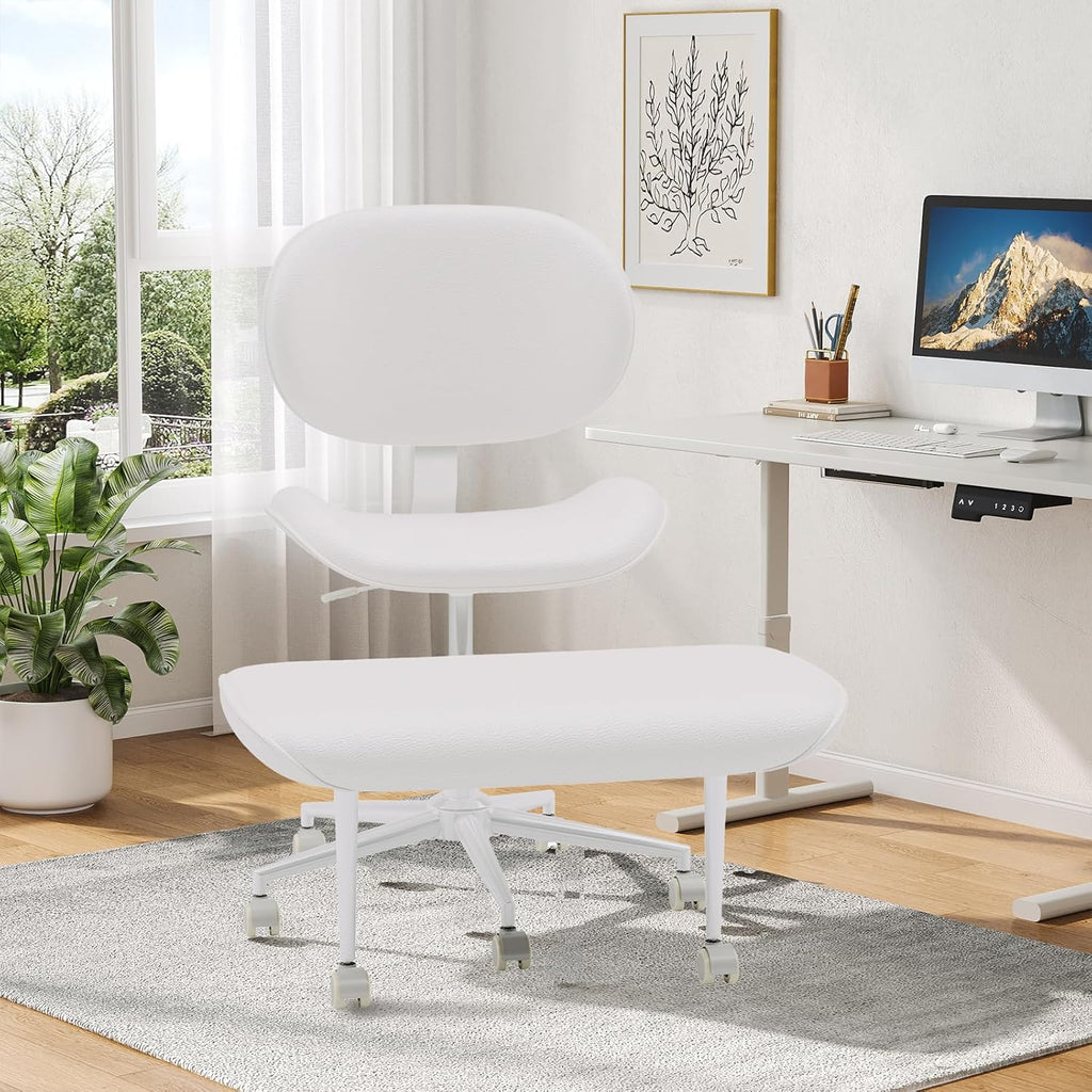 Cross Legged Office Chair with Wheels for ADHD, Ergonomic 360° Swivel Height-Adjustable Meditation Chair for Yoga, Wide Kneeling Chair with Strong Lumbar Support, PU Leather, Off White