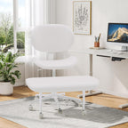 Cross Legged Office Chair with Wheels for ADHD, Ergonomic 360° Swivel Height-Adjustable Meditation Chair for Yoga, Wide Kneeling Chair with Strong Lumbar Support, PU Leather, Off White