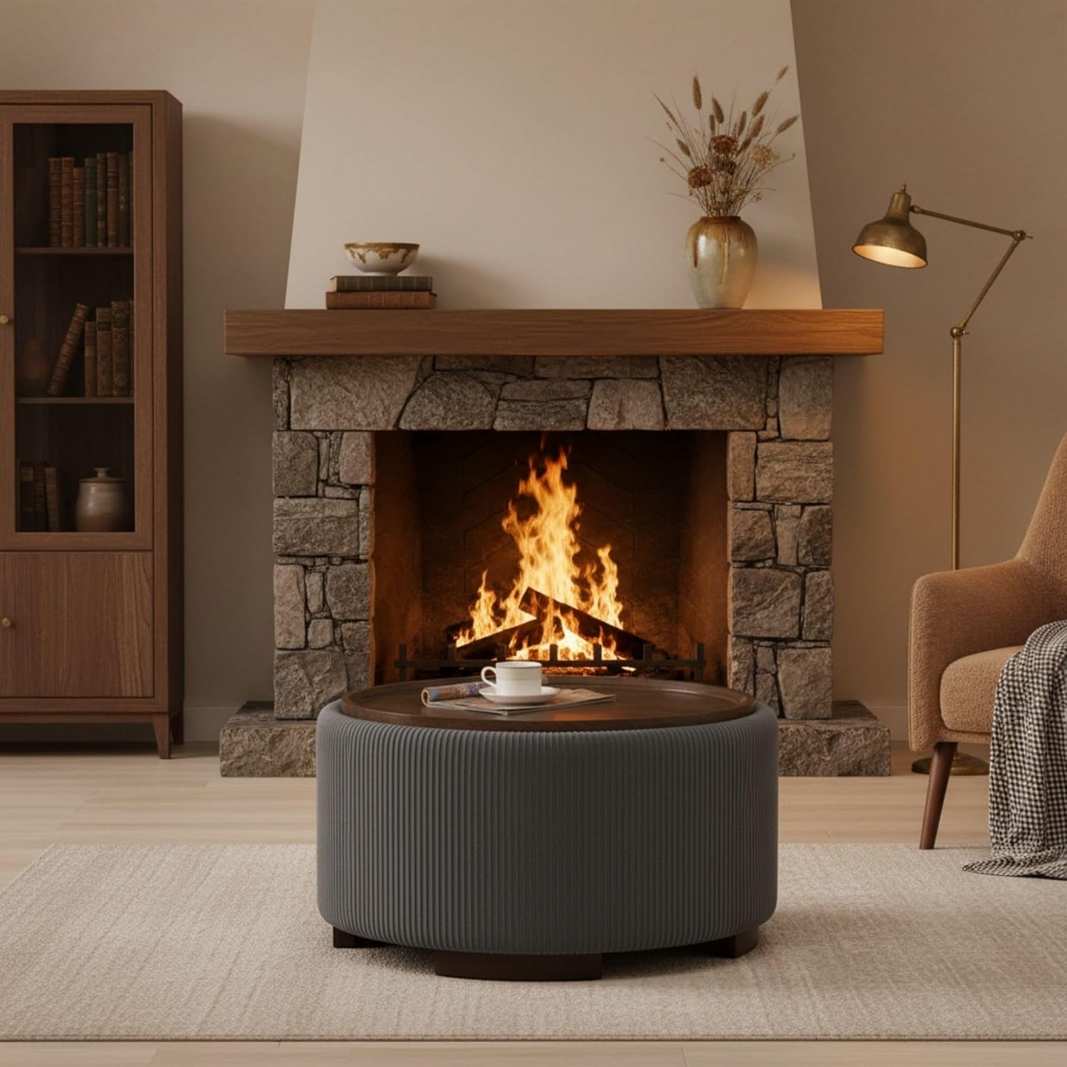 29.5-Inch Round Coffee Table Ottoman with Storage, Multi-Functional Storage Ottoman and Stylish Coffee Table, Flip-Top Tray and Hidden Stow, Suitable for Living Room, Bedroom (Grey)