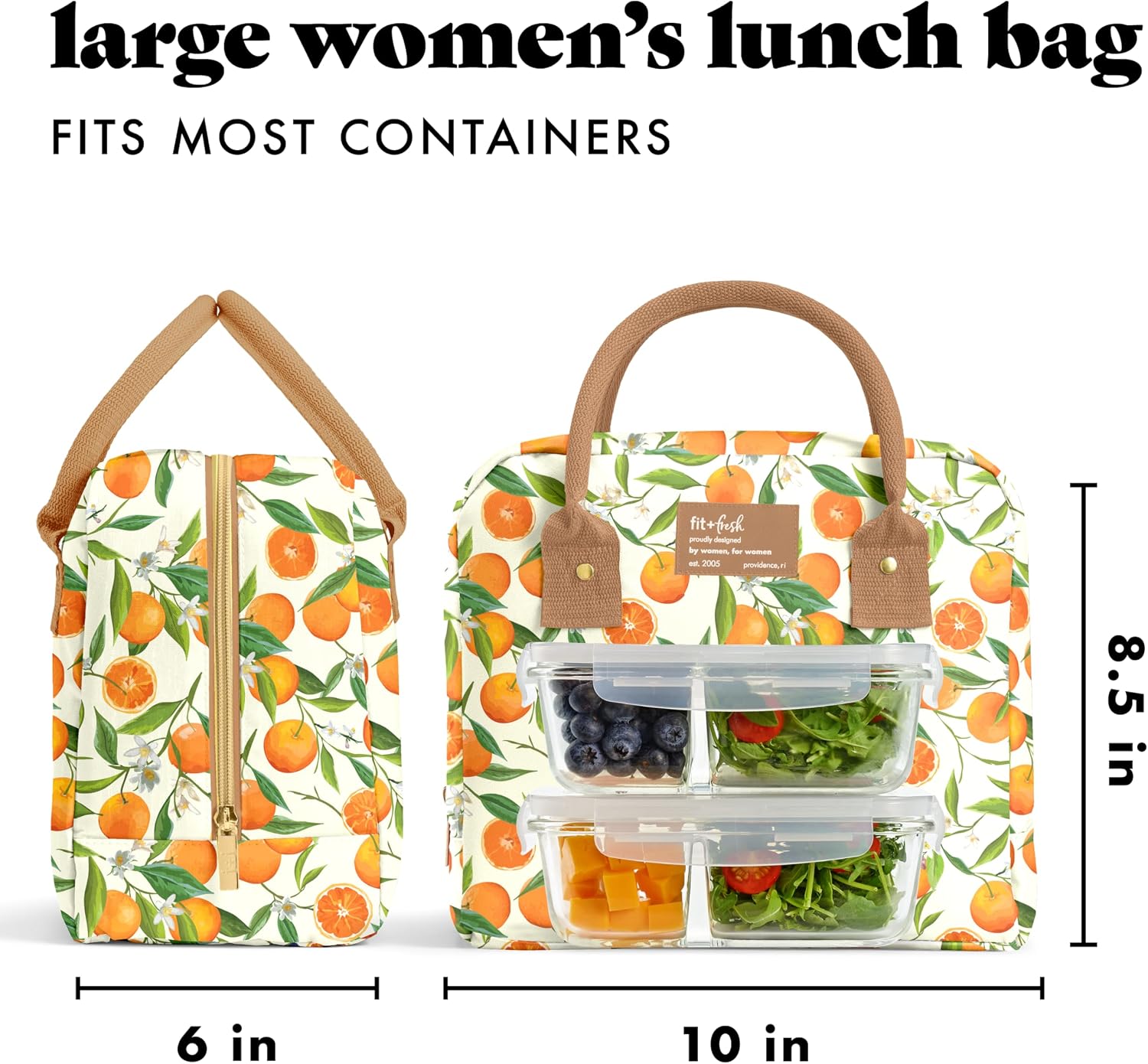 Fit & Fresh Bloomington Lunch Bag for Women - Insulated Large Lunch Box for Work with Containers, Leak-Resistant, Stain-Resistant, Zipper Closure, Orange Blossoms