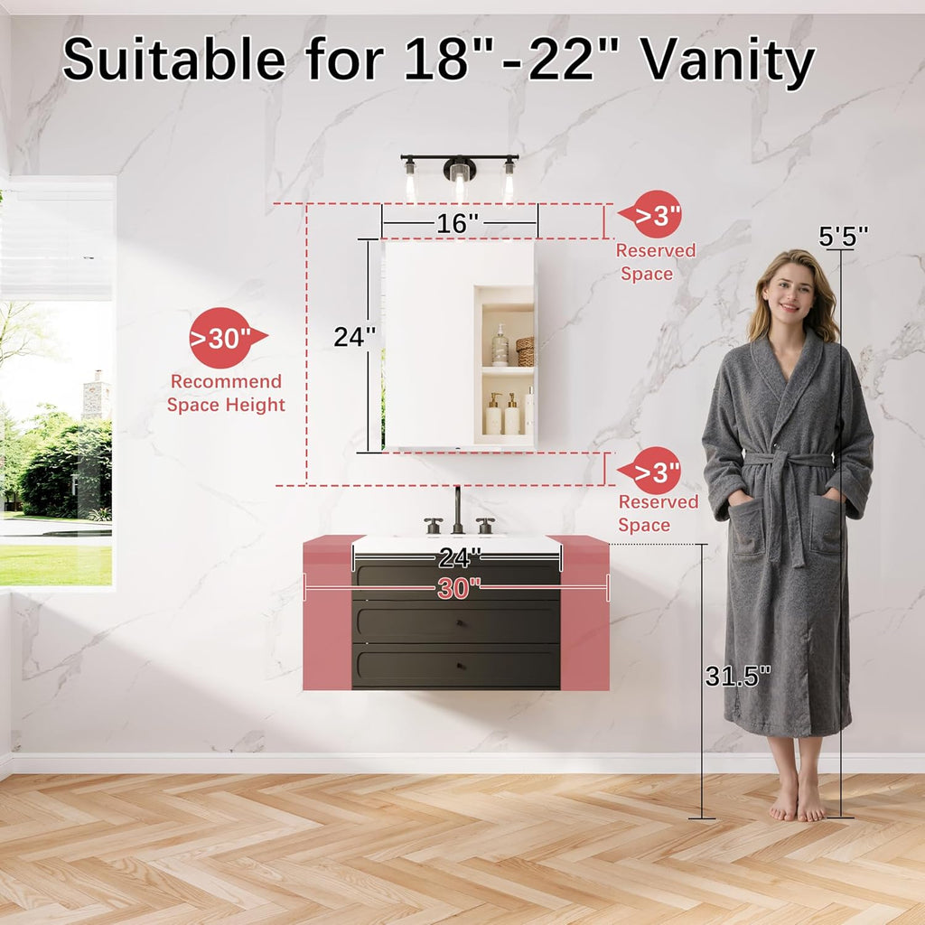 Medicine Cabinet with Mirror, 16 x 24 Frameless Beveled Bathroom Mirror with Storage, Aluminum Recessed or Wall Mount Medicine Cabinet, 6 Adjustable Shelves for Tall Bottles, DTC Soft Close