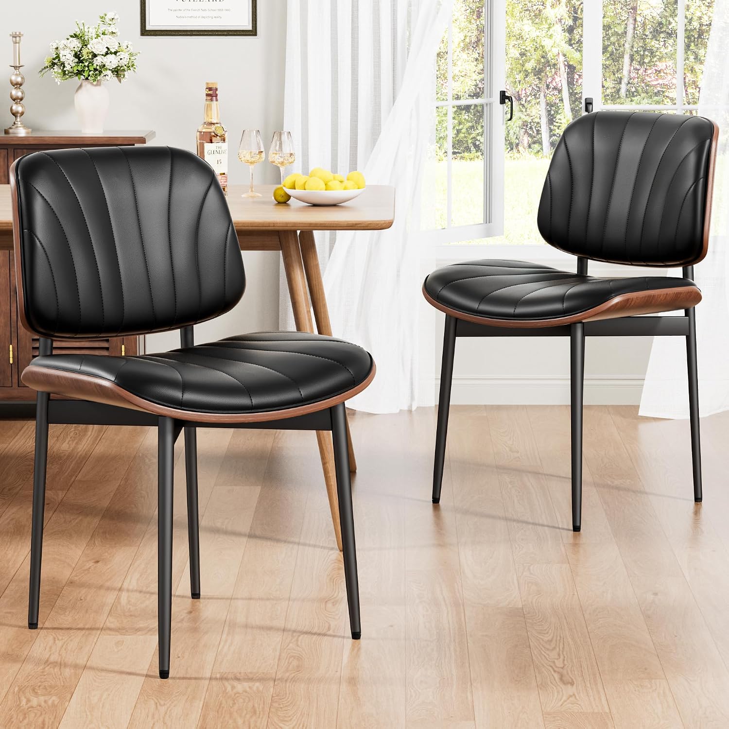 REONEY Dining Chairs Set of 2, Mid-Century Modern Upholstered PU Leather Chairs with Walnut Bentwood Back and Metal Legs Adjustable Feet for Kitchen, Black Shell Strips