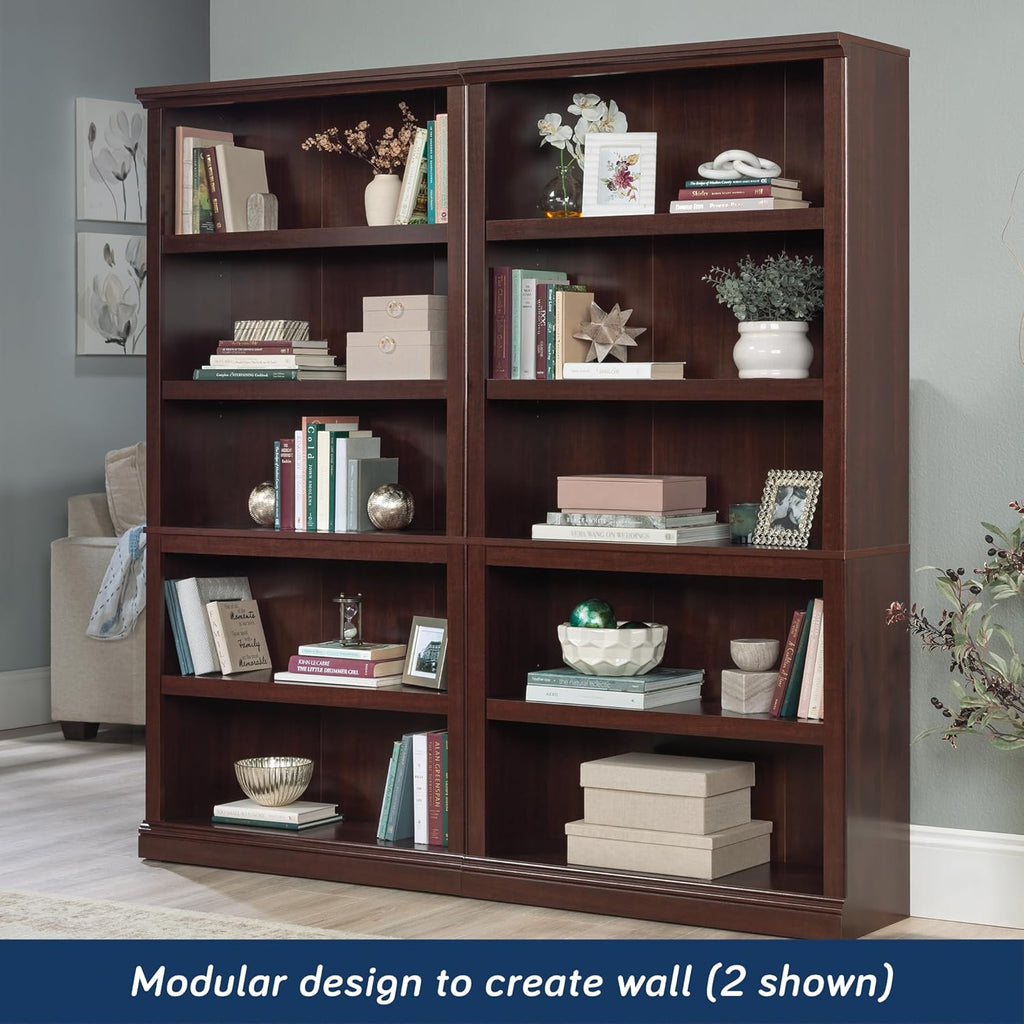 5-Shelf Bookcase with Storage, Classic Cherry Finish Wood Bookshelf for Living Room, Office, or Bedroom
