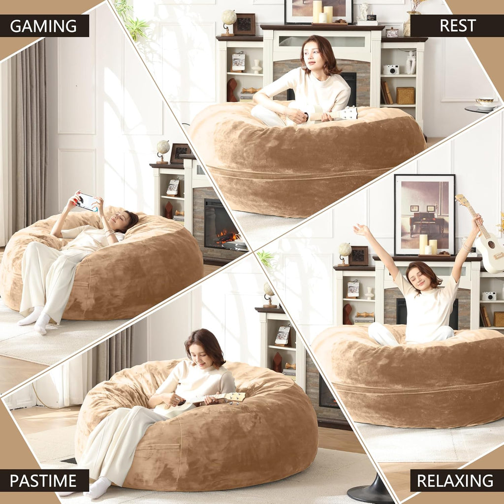 Bean Bag Chair for Adults Soft Comfy Bean Bag for Adults, Cozy Reading Chair, Large Round Bean Bag Couch, Versatile Living Room & Bedroom Chairs (Apricot, 5FT)