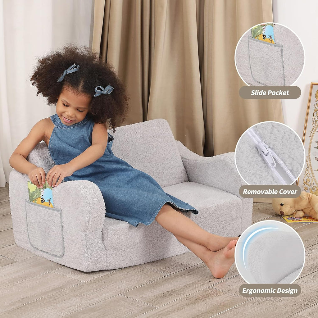 Extra Wide Toddler Chair, 2-in-1 Toddler Couch Fold Out, Convertible Kids Sofa to Lounger for Boys & Girls, Grey