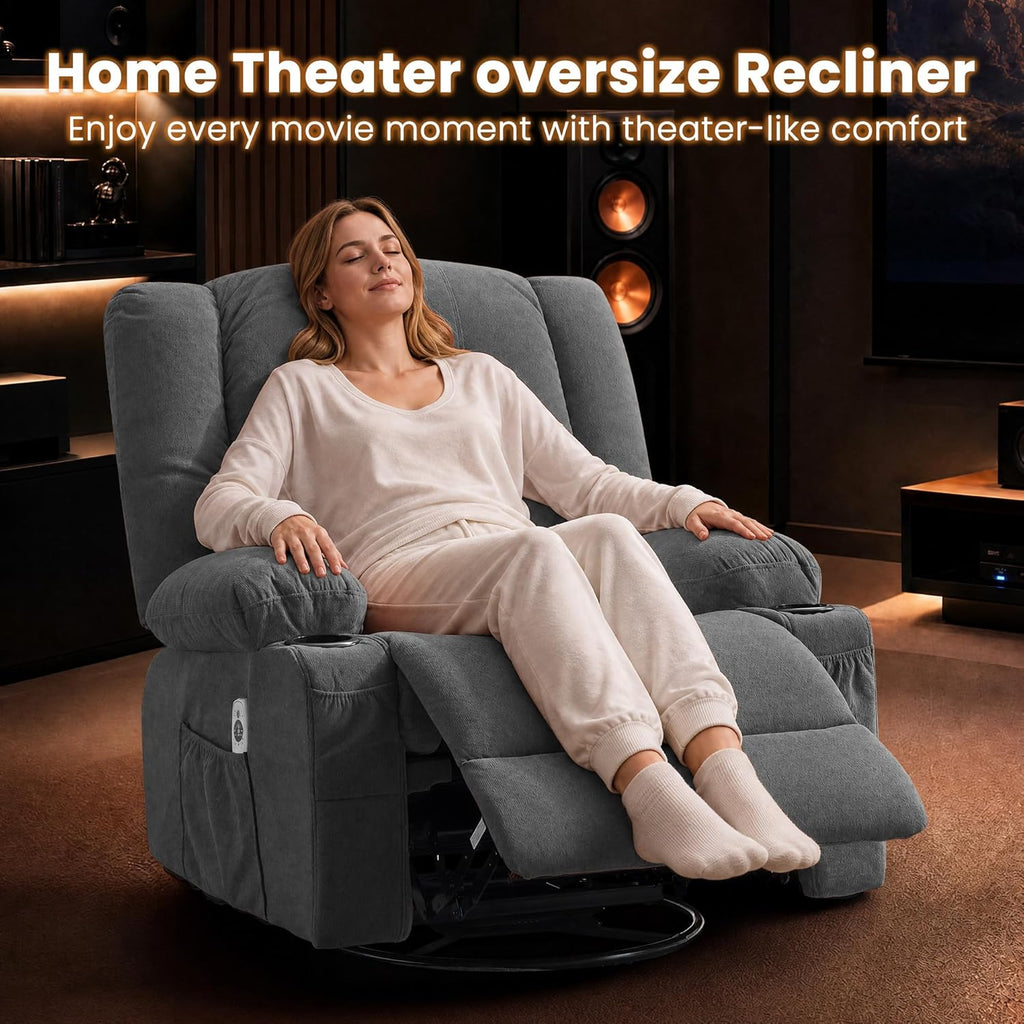 Oversized Recliner Chair with Massage and Heat for Adults, 360° Swivel Rocking Recliner, Big Seat Living Room Chair with Ergonomic Design, Cup Holders and Side Pockets