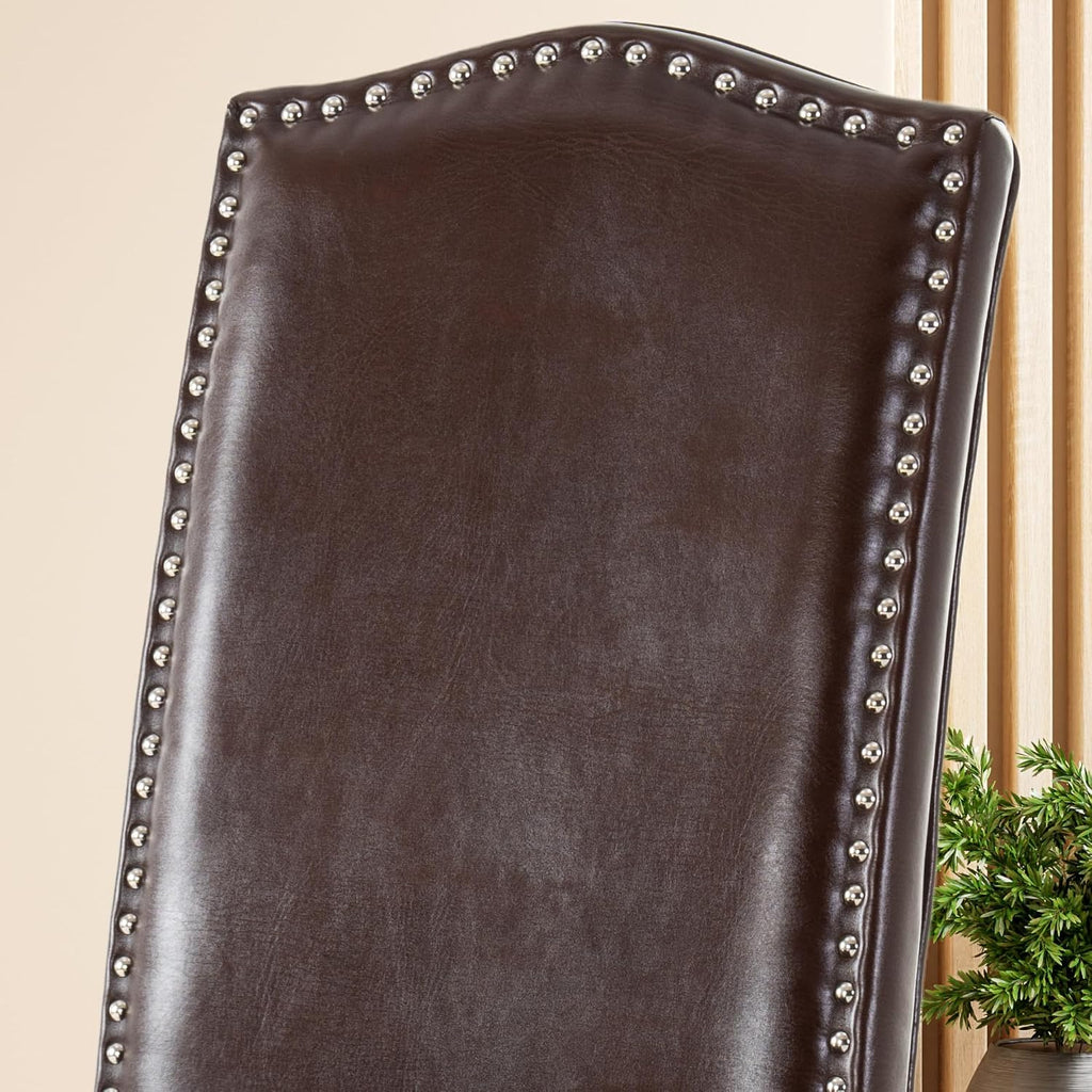 Upholstered Dining Chair Stylish Parsons Kitchen High Back with Silver Nailhead Trim & Wood Legs, 4-Pack, PU Dark Brown