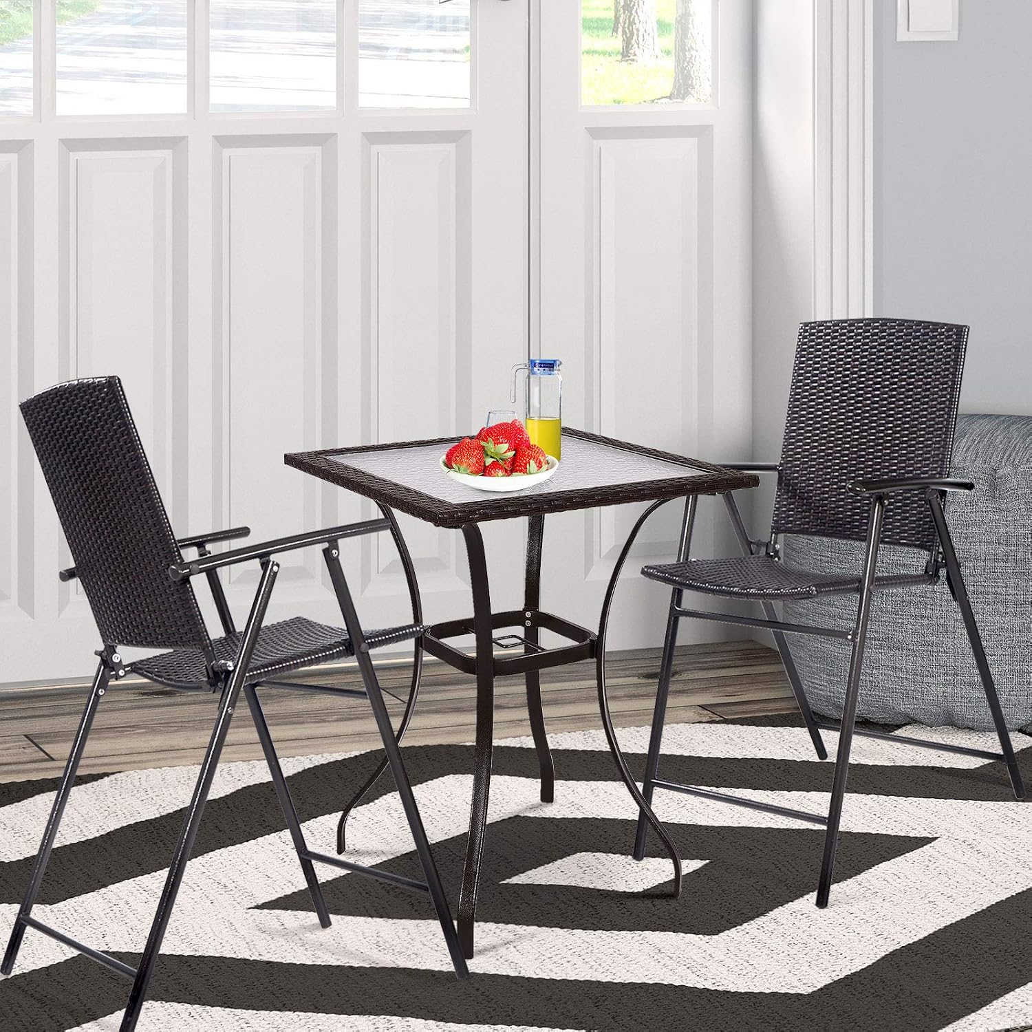 Casart Folding Wicker Rattan Bar Chairs Set of 4, Tall Stool with Back, Steel Frame, Armrests and Footrest, Bar Stools Garden Patio Furniture Set