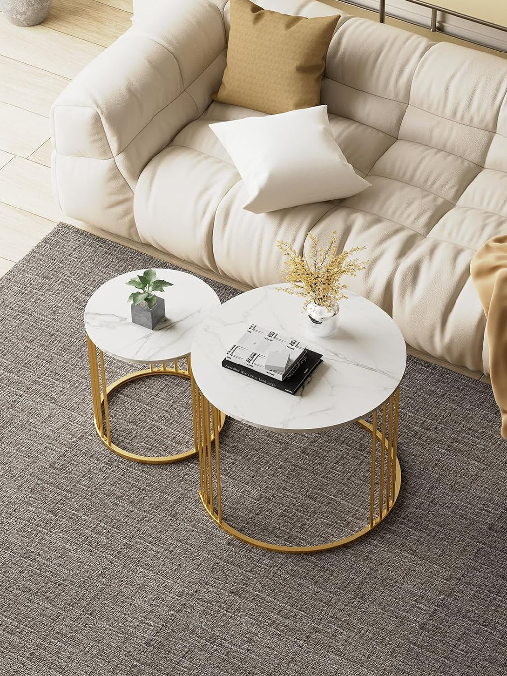 Nesting Coffee Table Set of 2, Round Table, Morden End Side Table Night Stand for Bedroom Dining Room (Marble White)
