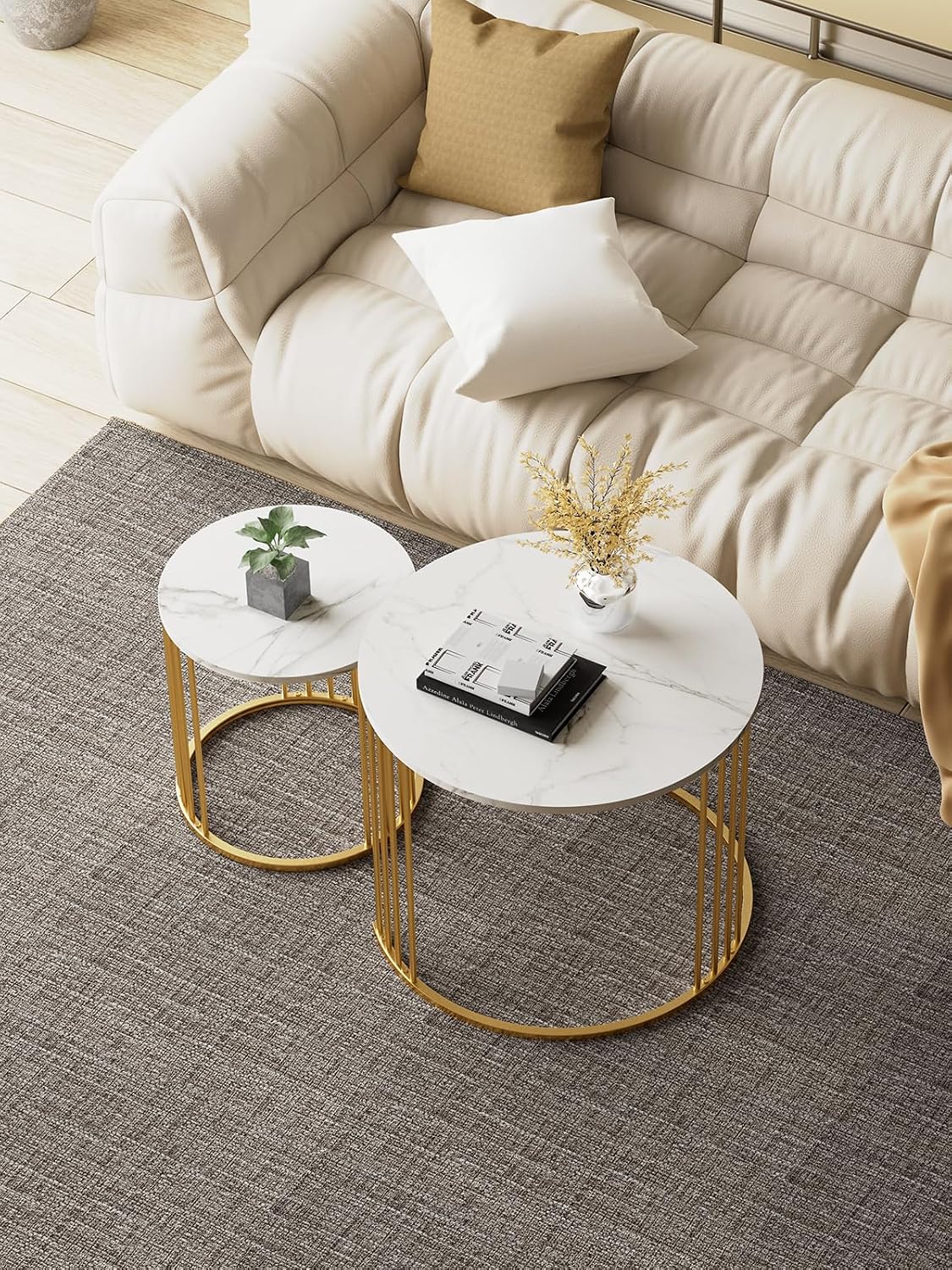 Nesting Coffee Table Set of 2, Round Table, Morden End Side Table Night Stand for Bedroom Dining Room (Marble White)