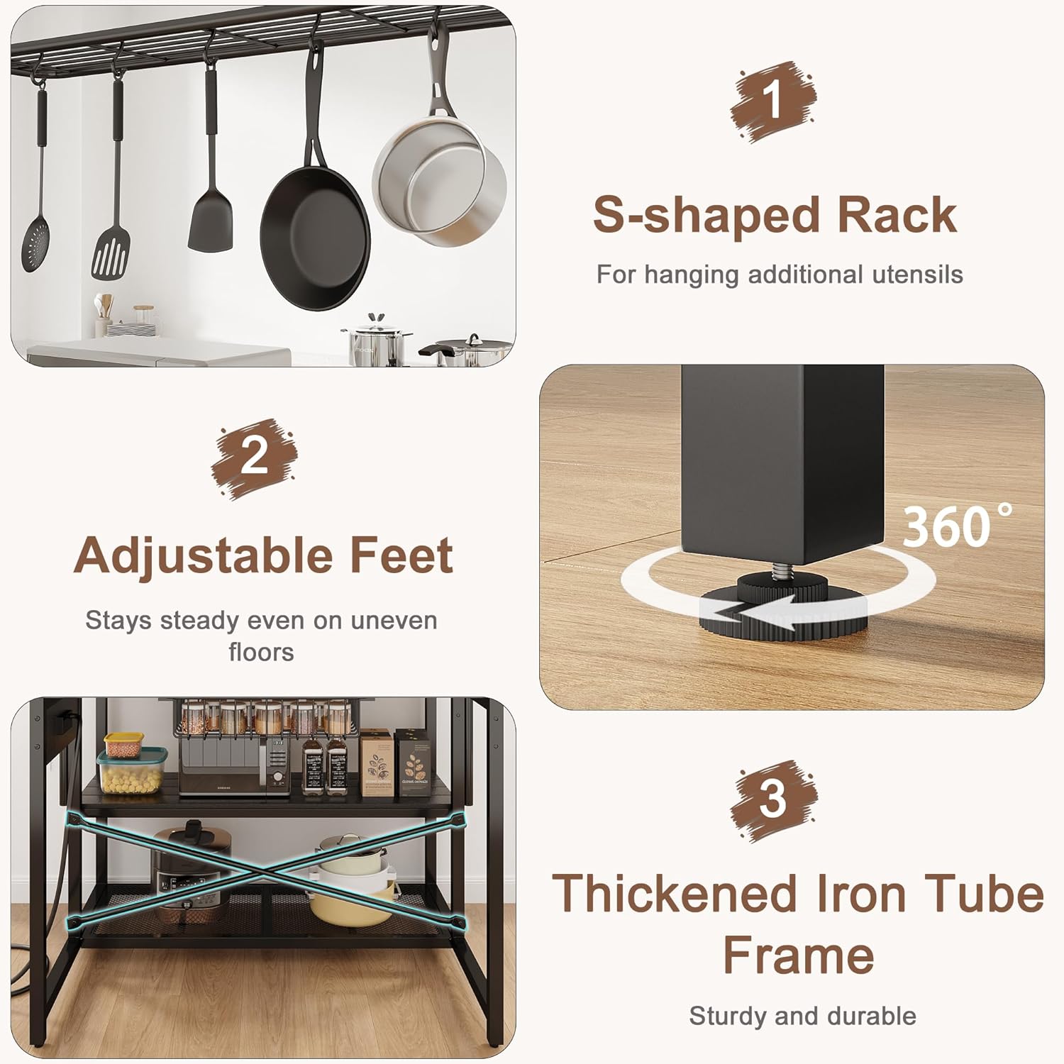 Jocoevol Kitchen Island with Storage, Bakers Rack with Storage & 3-Tier Shelves, Microwave Stand Coffee Bar Table with Hooks, Industrial Kitchen Island Table for Dining Living Room,Vintage