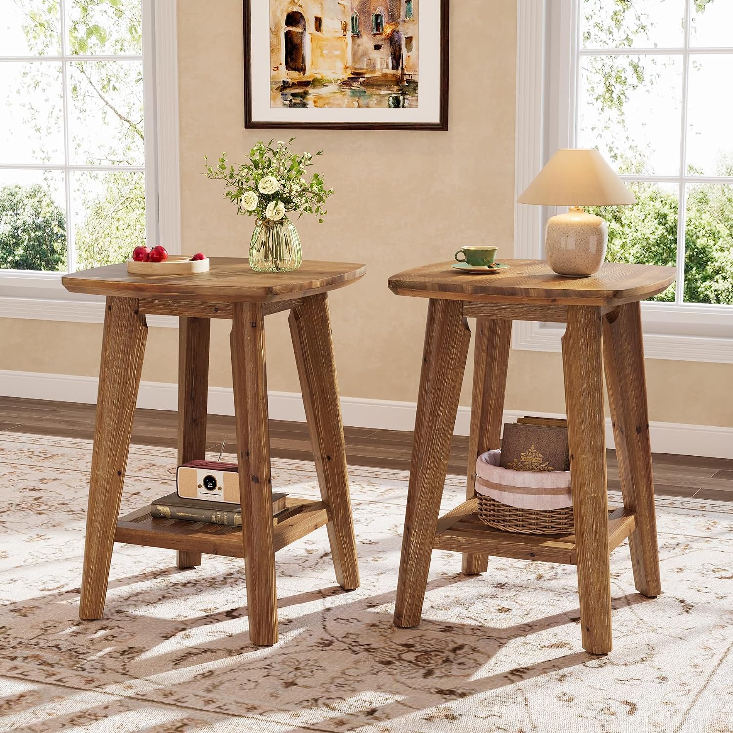 Square Side Table with 2-Tier Storage Shelf & Solid Wood Material, 19.68" Wood End Table for Living Room, Sofa Side, Small Spaces – Easy Assembly, Space-Saving Design (2PCS)
