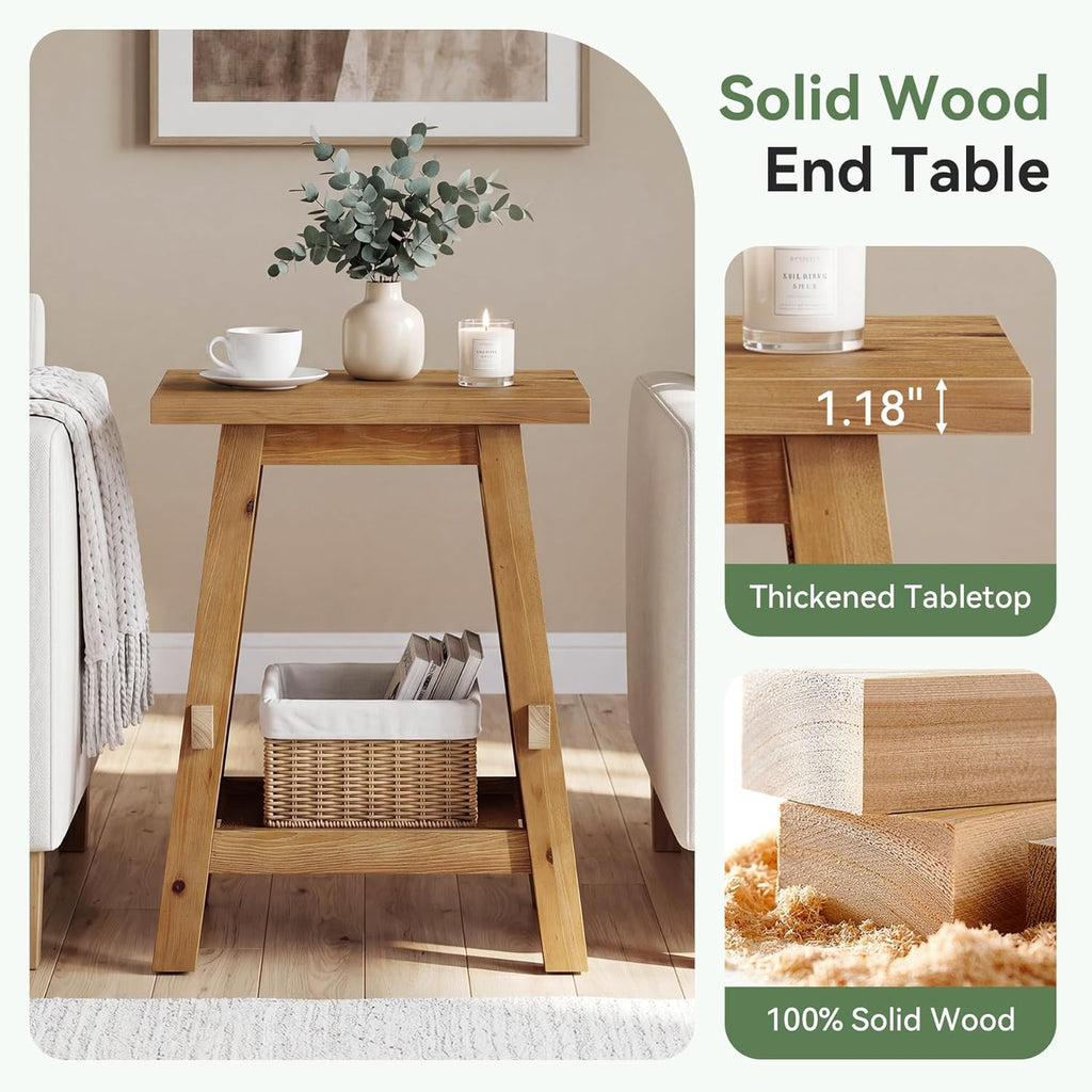 Solid Wood Square Side Table, 2 -Tier Farmhouse End Table, Nightstands with Shelf Storage for Living Room, Bedroom, Office and Small Spaces, Rustic Brown