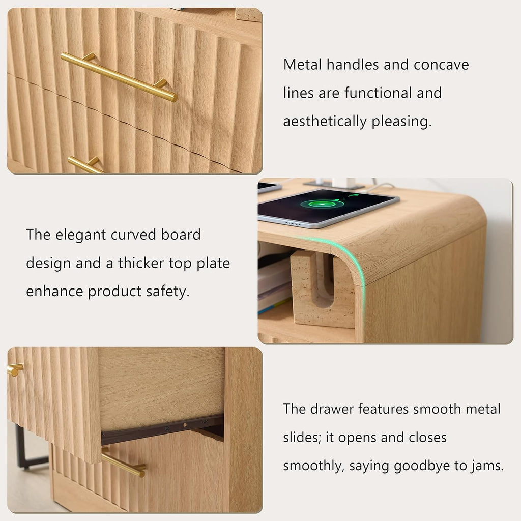 Fluted Nightstand with Charging Station, Bedside Table with 2 Drawers, Wood End Table with Storage Mid Century Modern, Large Night Stand for Bedroom (Natural Oak,1 Piece)