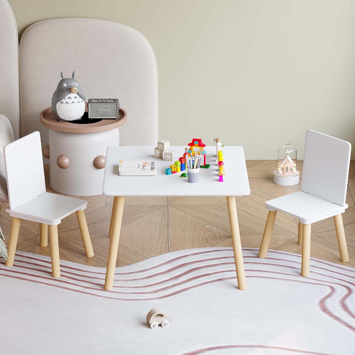 Kids Table and 2 Chairs Set, 3 Pieces Toddler Table and Chair Set, Kids' Table & Chair Sets, Kid Play Table for Daycare, Classroom, Home (White)