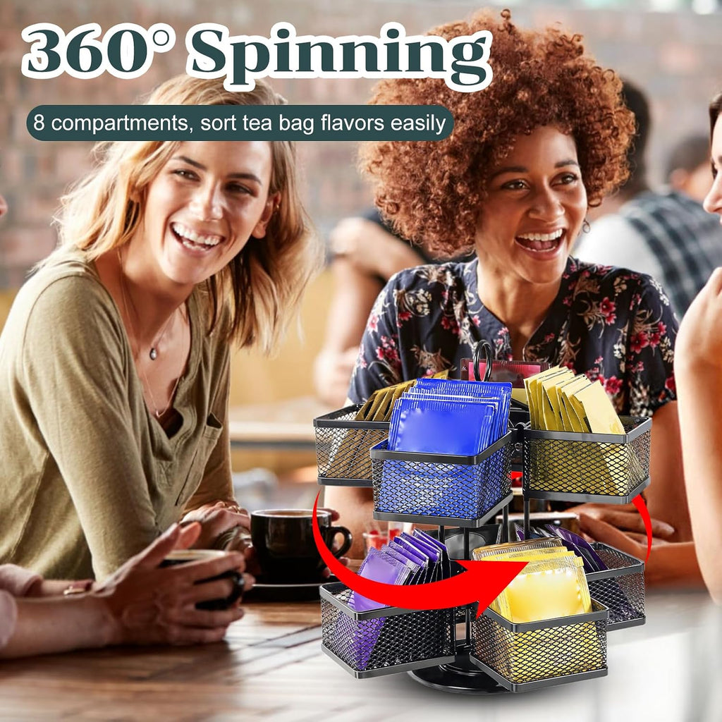 Tea Bag Organizer, Tea Bag Storage Holder Spinning Carousel 96 Teabags Container, Lazy Susan Coffee Creamer Sweetener Tea Caddy for Kitchen Counter Cabinet Pantry Shelf Organizer