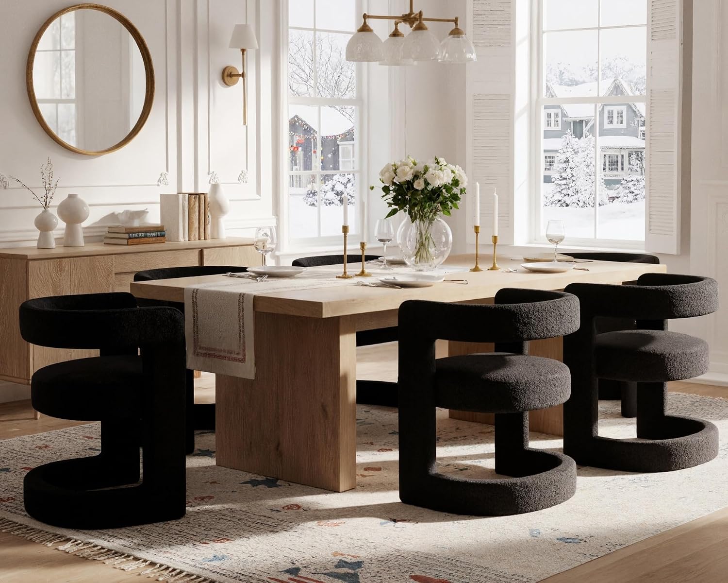 Black Barrel Dining Chairs Set of 6, Modern Boucle Upholstered Dining Room Chairs with Open Back & Sled Base, No Assembly Kitchen Arm Chairs, Comfy Accent Makeup Vanity Chair for Living Room Bedroom