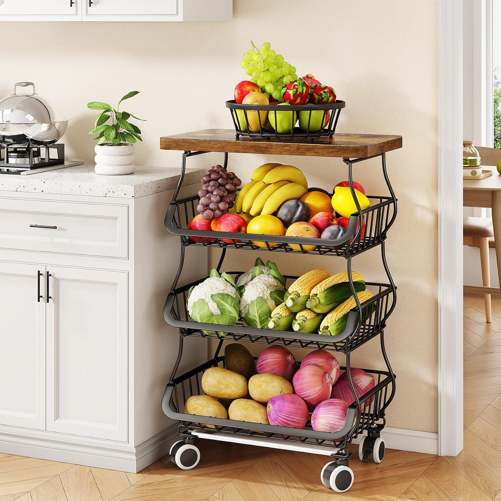 SAYZH 4-Tier Fruit and Vegetable Basket Stand for Kitchen, Wood Top, Black | Stackable Vegetable Storage Baskets with Wheel, Metal Wire Storage Carts for Onion, Potato and Snacks