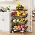 SAYZH 4-Tier Fruit and Vegetable Basket Stand for Kitchen, Wood Top, Black | Stackable Vegetable Storage Baskets with Wheel, Metal Wire Storage Carts for Onion, Potato and Snacks