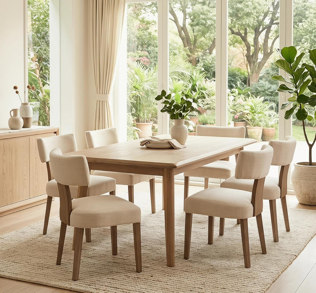 RIVOVA Mid Century Modern Dining Chairs Set of 6 Upholstered Linen Fabric Dining Chairs Curved Backrest Farmhouse Dining Room Chairs Kitchen Chairs with Wood Legs, Beige
